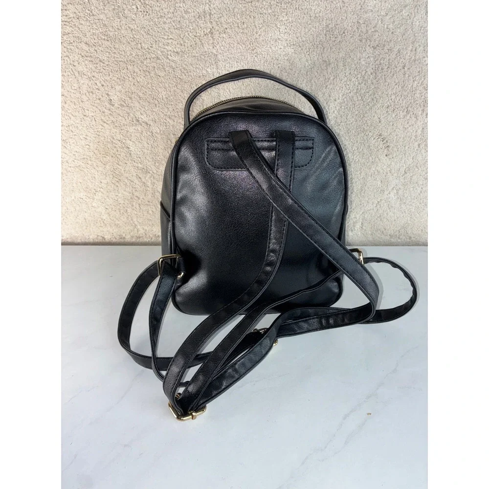 Black Faux Leather Mini Backpack - Small - Gold Hardware Chain Lining Chic Dark